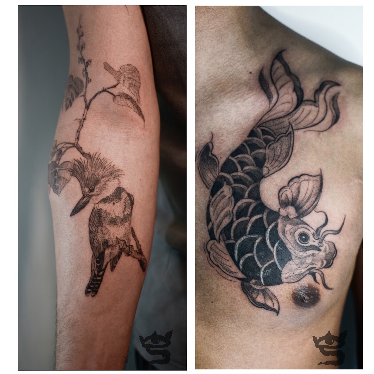 Ave y pez koi, blackwork y fine line